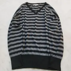 訳あり　グローバルワーク　Vネックニット　ボーダー　黒　グレー　L