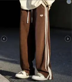 ワイドシルエット　ロゴ　ライン　カルゼ　スウェットパンツ　Mサイズ