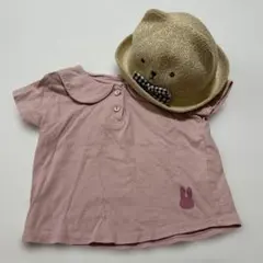 うさぎ刺繍付きポロ襟Tシャツ 80サイズ 麦わら帽子 2点セット