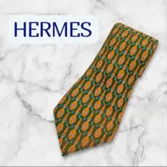 HERMES ネクタイ H柄 グリーン オレンジ シルク100%のサムネイル