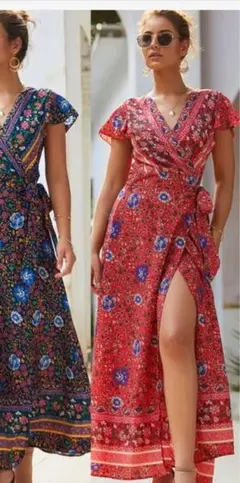 花柄ラップドレス 赤　ワンピース　美品