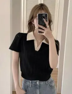 SHEIN リブ編み ブラックポロシャツ クロップド丈 M