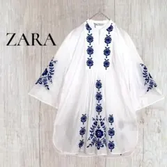 未使用　ZARA　シャツワンピース　花柄刺繍　ボタニカル　フレアスリーブ