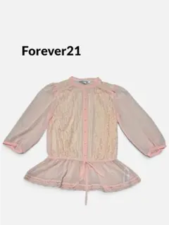 Forever21フォーエバー21 シアーブラウス ピンク 七分袖 ペプラム S