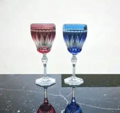 未使用品 HOYA クリスタル 切子 ワイングラス 2脚セット ブルー レッド