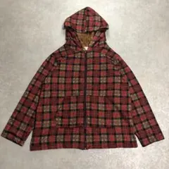 90s裏ボアネルチェックパーカーXL古着Y2Kシティーボーイ厚手シャギー赤茶