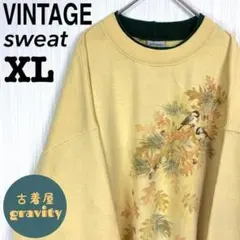 【人気】US古着☆スウェット　小鳥　アニマルプリント　二重襟　ライトイエロー