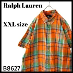 ラルフローレン チェック柄 半袖シャツ BDシャツ オレンジ系 緑ポニー XXL