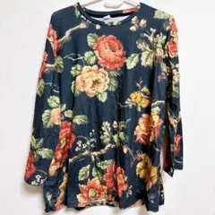 ネイビー フラワープリント 長袖Tシャツ L トップス 総柄 花柄 レトロ