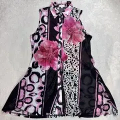 リーベ　総柄　シャツワンピース　透け感あり　Lサイズ