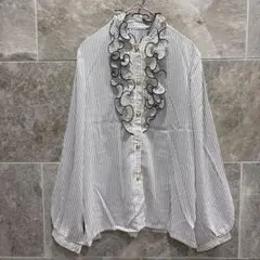 大人可愛い ストライプ フリルブラウス 9号 レース日本製 クラシック　白黒