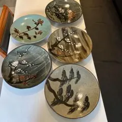 陶器の皿5枚セット 花と枝デザイン