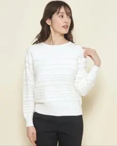 新品【洗える】着映える一枚、意匠感あるフェーザーボーダーのニットプルオーバー　M