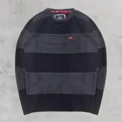 黒×グレーボーダー 長袖カットソー ニット地 Lサイズ メンズ 刺繍ロゴ