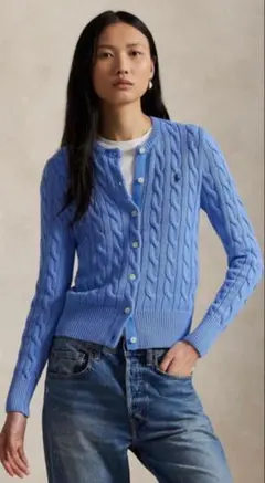 インディゴブルー ケーブルニットカーディガン