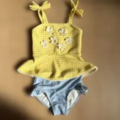 プティマイン　花飾り付きイエローチェック水着 95cm以下用