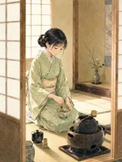 c1469_淡い緑の着物で茶を点てる人物と静かな和室を描いた水彩画調アートプリン