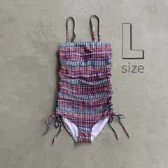 New///サイドギャザー 2way スイムウェア L ピンク 赤 チェック