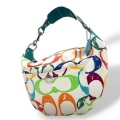 美品　コーチ　ハンドバッグ　白　シグネチャー　アクセサリーポーチ　レザー　T4