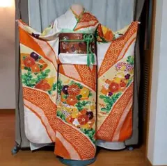 振り袖L、長襦袢、袋帯、小物　フルセット　振袖 正絹 花柄 オレンジ 白 成人式のサムネイル