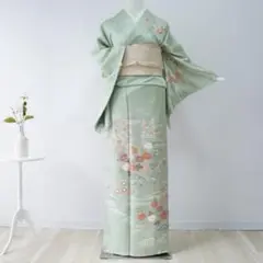 訪問着　フルセット　付け下げ　小紋　着物　正絹　レトロ　金花緑グレー　O10 訪問着 フルセット 付け下げ 小紋 着物 正絹 レトロ 金花緑グレー O10