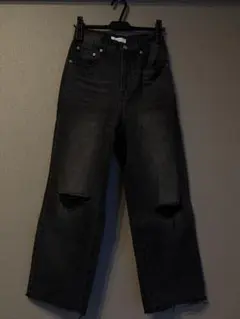 Discoatブラック ダメージワイドレッグデニム 黒 M