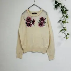 ページボーイ 花柄刺繍 チュール切替 ニット セーター ベージュ 春物【F】美品のサムネイル