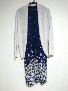 花柄ワンピース ニットカーディガン セット ネイビー ホワイト M