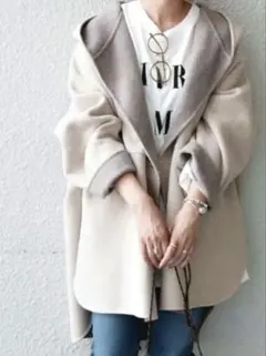 SHIPS any コートリバーフーデットミディコート ダブルフェイス ベージュ