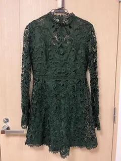 ZARA 総レース 長袖 ミニワンピース ダークグリーン