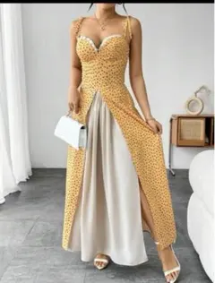 ワンピース　ドット、フレア、SHEIN 、黄色　ノースリーブ　ロング