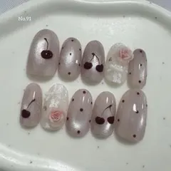 ネイルチップ フレンチガーリー バラ　リボン　チェリー　マグネット　ドット