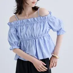 【美品】GALLEST（ギャレスト）オフショル ブラウス ブルー ストライプ
