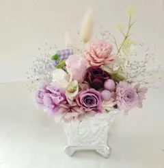 【新作】母の日にも デカールポット角銀 プリザーブド アレンジ【ピンク＆紫】