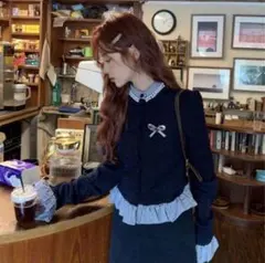 袖口フリルネイビー長袖トップス　リボン　ブルー　パール　ガーリー