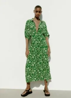 ZARA 総柄プリント五分袖ウエストタックロングワンピース　グリーン緑　ペイント