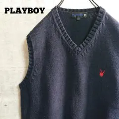 【プレイボーイ】ワンポイント 刺繍 ロゴ コットン ベスト 厚手 ネイビー Mのサムネイル