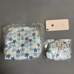 【メルカリ便】五色帆布堂がま口ショルダーバッグ・親子財布セット青色花柄