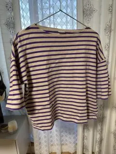 ORCIVAL ベージュと紫のストライプ7部丈Tシャツ