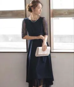 ハレモード ウエストモチーフベルトドレス ミモレ丈 五分袖 結婚式 パーティー