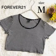 FOREVER21【M】クロップド丈ボーダーニット 黒 トップス 半袖