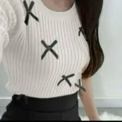 GRL 新品タグ付き シアーリボンリブニットトップス