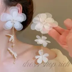 ウェディング　ピアス　前撮り　フォト　レース　花　　ロングピアス　大ぶり　二次会