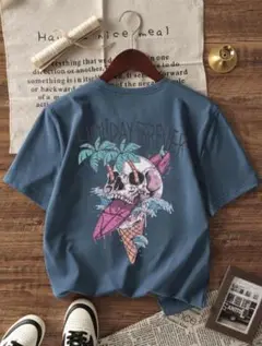 HOLIDAY FREVER スカル&サーフ Tシャツ ダークブルー