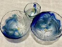美品 清流花グラデーションデザイン ガラスボウル 3個セット