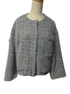 お値下げ！【シップス】ノーカラーツイードジャケット ブラックホワイト　大きめ