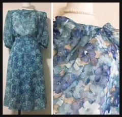 ꒰昭和レトロ꒱ツーピース 花柄 水色 ヴィンテージ ブラウススカートセットアップ