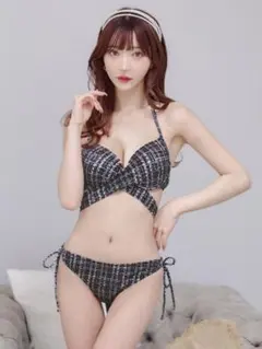 バックリボン肩フリルツイード柄ビキニ 2点セット - メルカリ