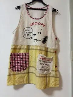 スヌーピー エプロン ピーナッツ　イエロー　チェック　秋冬