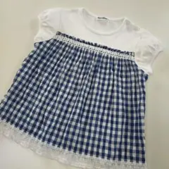 美品★120cm familiar 白×青ギンガムチェック半袖チュニック
